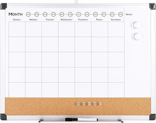 VUSIGN Monthly Calendar Whiteboard Dry Erase Cork Board Combo, 24" x 36" Planning Board, Silver Aluminium Frame