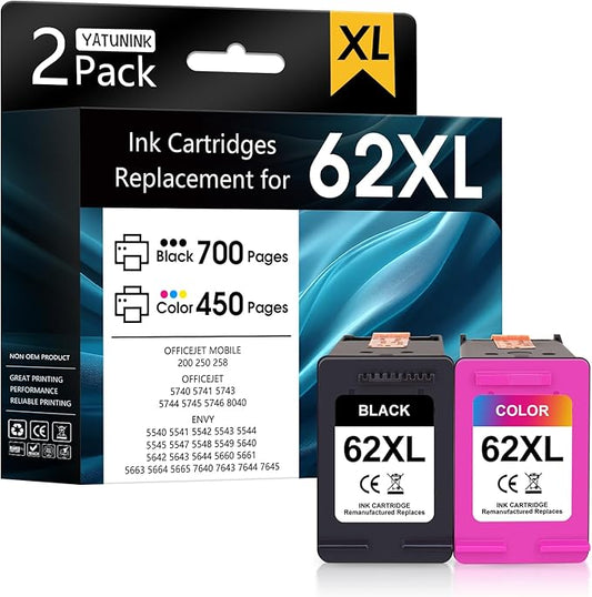 62XL Ink Cartridge Combo Pack Compatible for HP Ink 62 62XL Ink Cartridges Works with Envy 7640 5540 7645 5660 OfficeJet Mobile 200 250 OfficeJet 5740 8040 5745 7644 (Black and Color) 2 Pack