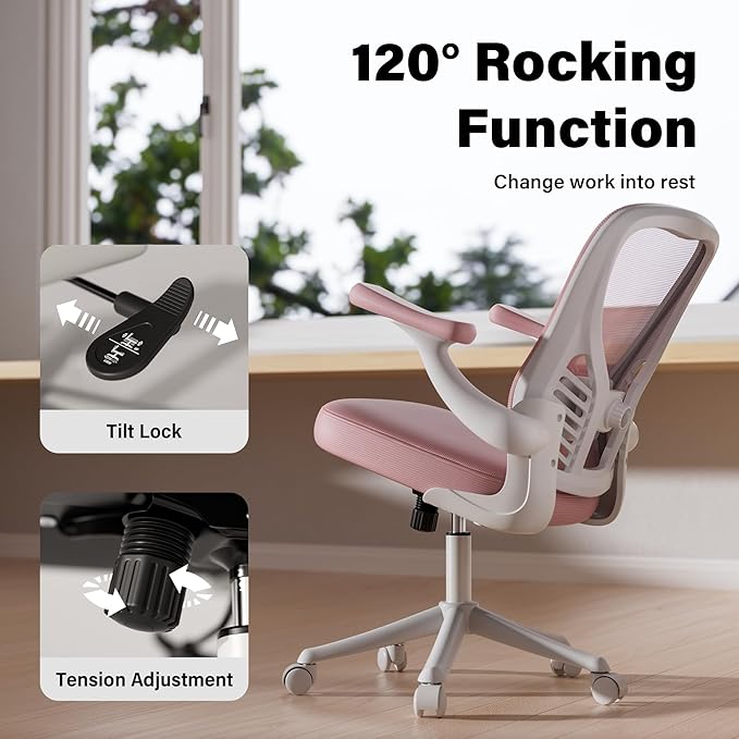 GYI Computer Desk Chair, Ergonomic Office Desk Chairs with Mesh Back, Adjustable Lumbar Support, Height, 3D Flip-up Arms, Wheels, Rocking Function (Pink)