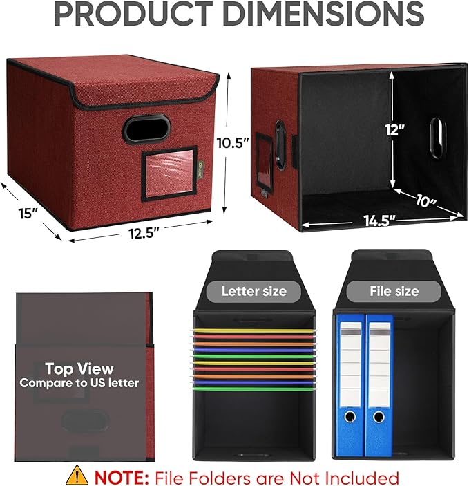 BALEINE Modern Red File Storage Box with Lid, Collapsible File Folder Organizer, 2 Pack, 15x12.5x10.5 inches