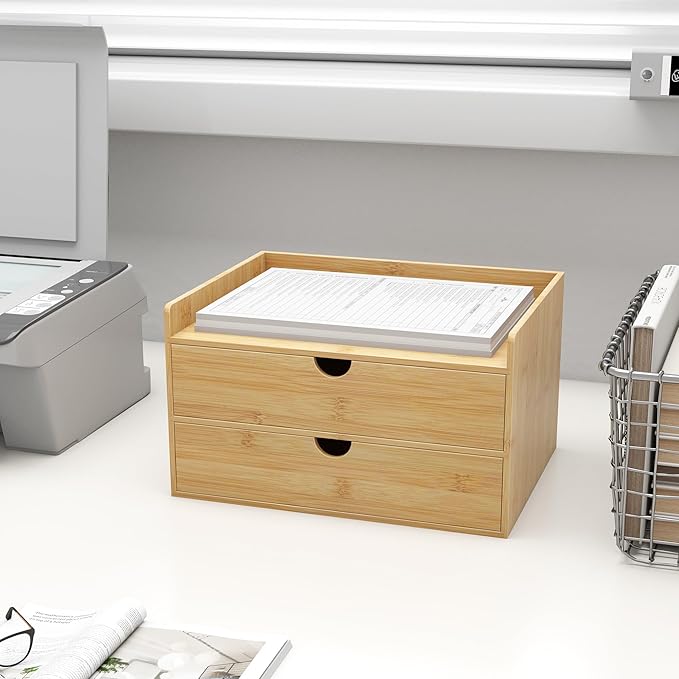 Wisuce Bamboo Desk Drawer Organizer, Large Desktop Organizer with Drawers Tabletop Storage Organization Box for Office Home Toiletries Supplies Vanity, No Assembly Required (2 Drawer with Shelf)