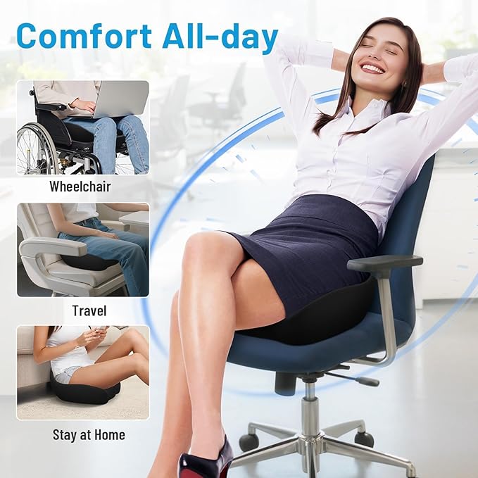 Seat Cushion, Memory Foam Office Chair Cushions, Ergonomic Curved Design for Sciatica, Tailbone, Coccyx, Seat Support for Car, Desk Chair, Wheelchair, Enhances Long Sitting Comfort (Black)