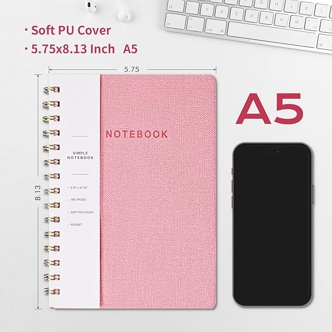 Lined Spiral Notebook College Ruled A5 Journal Book for Note Taking, 160 Pages Writing Journal for Office and Home School Supplies 5.75 x 8.125 inch (6pack-3Reefblue/3Pink)