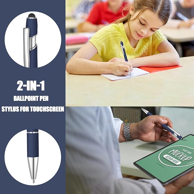 24 Pcs Blue Ink Ballpoint Pen with Stylus Tip 2 in 1 Ballpoint Pen 1.0 mm Blue Ink Metal Stylus Pen for Touch Screens Coworkers, Family, Colleagues, Office (navy blue)