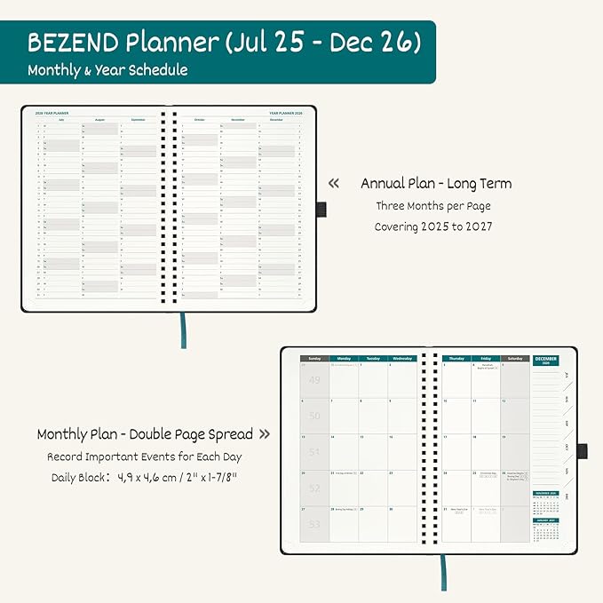 BEZEND Weekly Planner 2025-2026 with 2 Columns, 8.5" x 11" Academic Calendar 18 Months (Jul 25-Dec 26) Life Work Appointment Book with Monthly Tab, PU Leather Softcover Spiral - Black