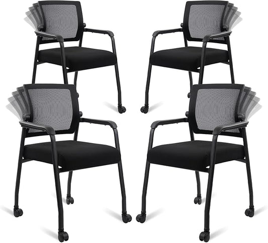 Waiting Room Chairs with Wheels, Adjustable Mesh Backrest, Desk Chair with Ergonomic Lumbar Support and Thickened Seats Cushion, 4 Pack Black