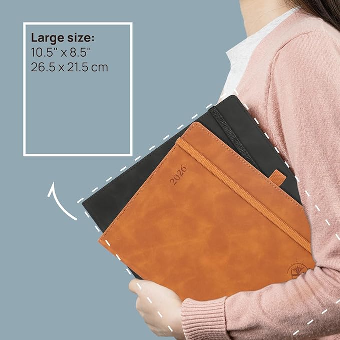 POPRUN Weekly Planner 2026 (Large 8.5" x 10.5") Calendar 12 Months Notebook with Horizontal Layout, Leather Soft Cover, Monthly Tabs, Inner Pocket, 100GSM Thick Paper, Pen Holder - Brown