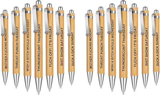 14-Piece Funny Bamboo Pen Set for Sarcastic Souls, Unique Days of The Week Mood Ballpoint Pens with Engraved Humorous Quotes, Excellent Gift for Office, Friends, and Coworkers