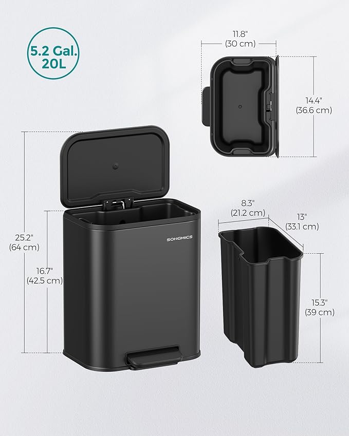 SONGMICS Kitchen Trash Can, 5.2-Gallon (20L) Garbage Can with Lid, Stainless Steel, Soft Close and Stays Open, Inner Bucket, Wide Non-Slip Pedal, Ink Black ULTB542B20
