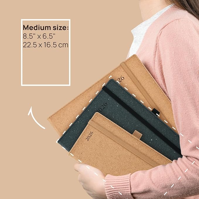 POPRUN 2026 Planner - 2026 Recycled Weekly Planner[6.5''x 8.5''- Italian Regenrated Leather Hard Cover] with Hourly Schedule & Vertical Weekly Layout, Monthly Tabs, Inner Pocket - Black Grey