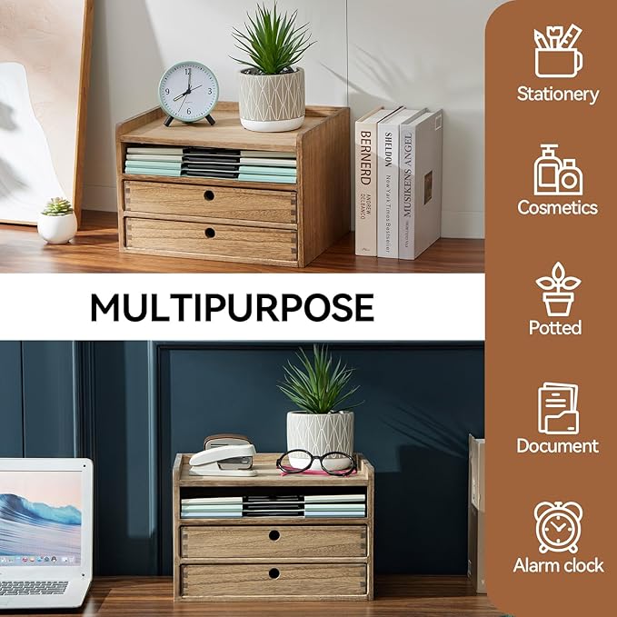 KIRIGEN Desktop Organizer Cabinet With 2 Drawers & Tray - Wood Office Desk Storage Shelf for Office Supplies - Small Cabinet for Countertop Accessories Storage 3 Layer Dark Brown（DT3D2C-DBR）