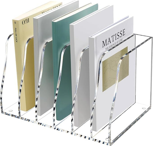 SANRUI Acrylic Desk File Organizer, 6 Vertical Compartments Clear Magazine File Holder Workspace Sorters, Folder Rack for Office Accessories Organization Storage