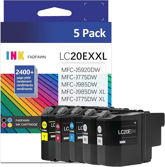 LC20E Super High Yield Ink Cartridge Set Replacement for Brother LC20EBK LC20EC LC20EM LC20EY LC20E XXL Ink Cartridges MFC-J5920DW MFC-J985DW MFC-J775DW MFC-J985DWXL Printer (2BK/C/M/Y, 5 Pack)