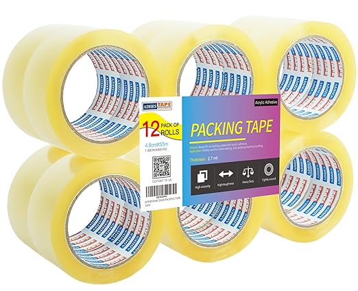 ADHES Packing Tape, 12 Rolls 1.88 inch x 60 Yards Clear Duct Tape 2.7Mil Heavy Duty Shipping Tape for Moving Boxes, Shipping, Mailing