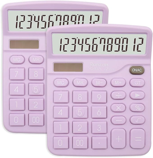 2PC Basic Office Desktop Calculator - 12 Digit Purple LCD Display, Sensitive Buttons, School & Office Supplies