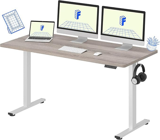 FLEXISPOT EN1 One-Piece Standing Desk, 60 x 24 Inches Height Adjustable Desk Electric Sit Stand Desk for Home Office (White Frame + Gray Wood Desktop, 2 Packages)