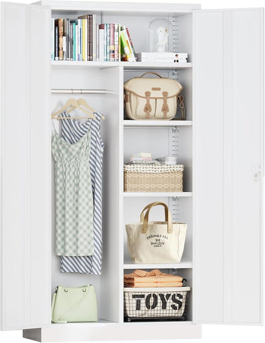 Greenvelly Metal Wardrobe Cabinet with Locking Doors, 72" H x 36" W White Metal Wardrobe Closet Cabinet with Hanging Rods and Adjustable Shelves, Steel Storage Closet for Home, Office, Employee, Gym