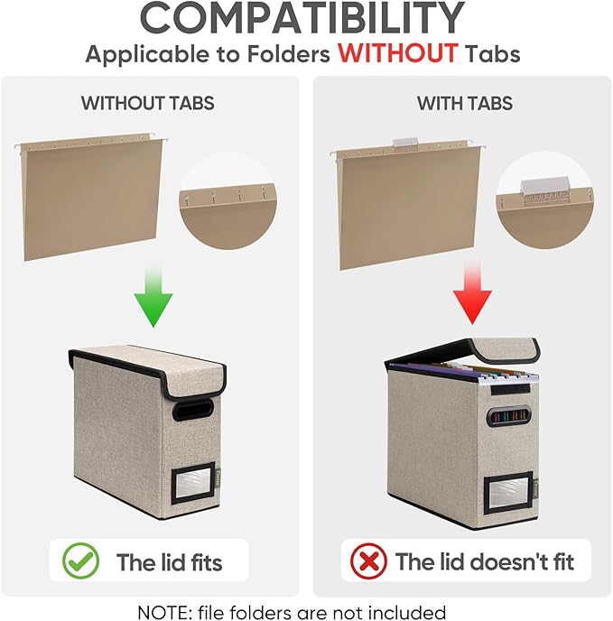 BALEINE File Organizer Box with Lid, Collapsible File Folder Organizer with Plastic Slide, Hanging File Folder Box for Office Document Storage (2 Pack, Beige, S)