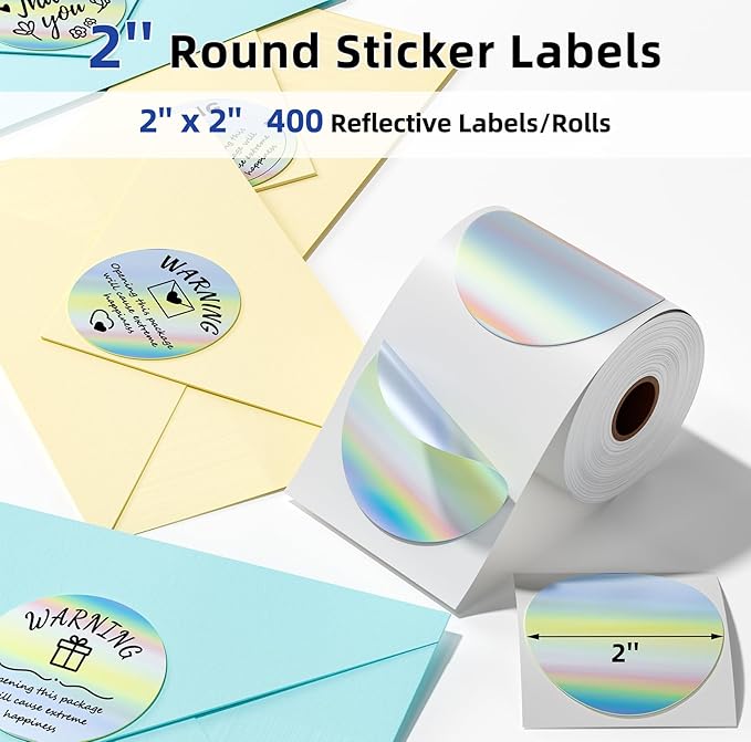 2'' Circle Thermal Labels, Holographic Sliver 400pcs Round Thermal Printer Labels, Multi-Purpose Stickers for Logo Design, Name/Price Tag, Address, QR Code