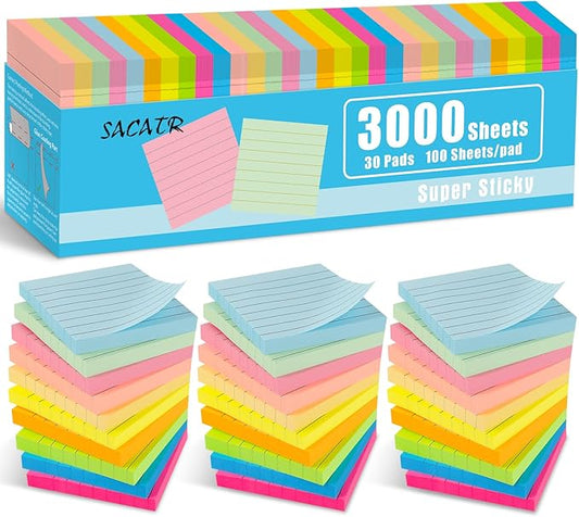 SACATR 30 Pads Lined Sticky Notes, Sticky Note Pads 3x3 inches, 10 Bright Color Sticky Notes with Lines Self-Stick Note Pads, Perfect for Office Home School(100 Sheet/Pad)