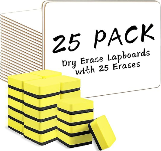Dry Erase Lapboards, HERKKA 25 Pack Double Sided Small Dry Erase Whiteboards 9 x 12.5 Inch with 25 Erasers, Small Dry Erase Boards for Classroom Teacher Supplies, Personal White Boards for Students