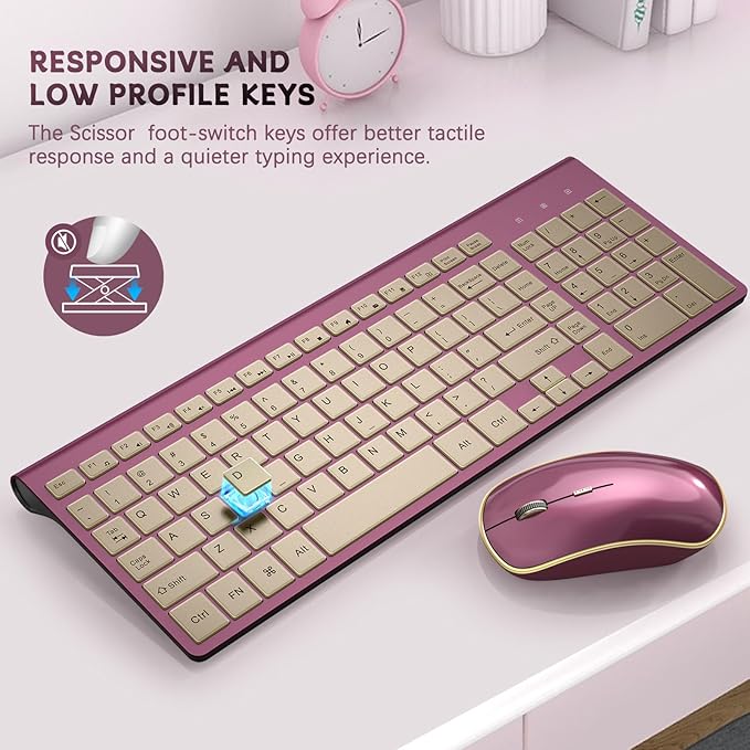 JOYACCESS Wireless Keyboard and Mouse, 2.4g Slim and Ergonomic Wireless Keyboard Mouse Combo- Full Size and Portable Design for Laptop/Windows/Computer-Wine Red Gold