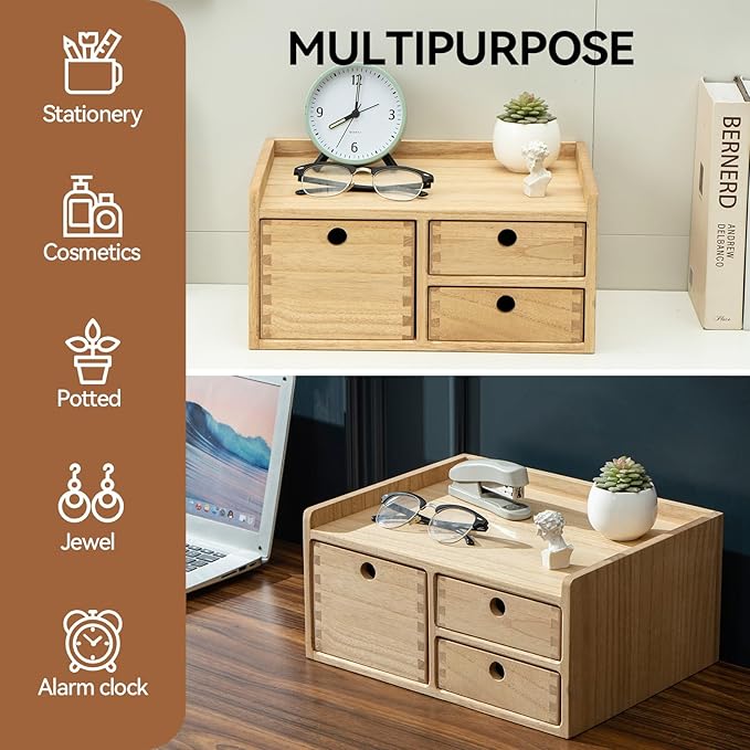 KIRIGEN Desk Organizer with 3 Drawers - Wood Drawer Storage Box with Trays for Tabletop - Workspace Office Toiletries Supplies Tool Caddy - Wooden Storage Cabinet Natural（DT1D3C-NA）