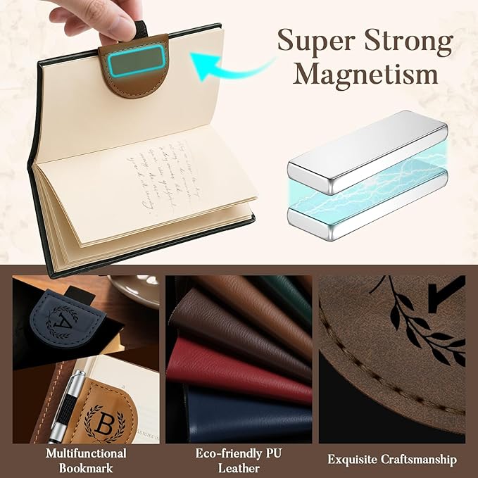 Personalized Bygone Mark Bookmark with Pen Holder,Engraving Leather Magnetic Bookmarks Vintage 26 Letters Name Initials Text Book Marker Clips Gifts for Reading Book Lovers Women (Red, H)