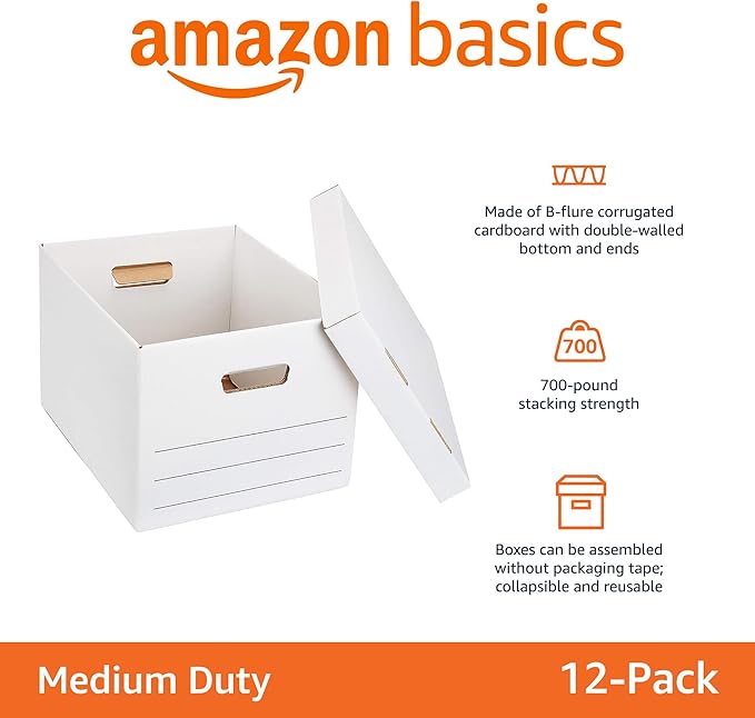 Amazon Basics Medium Duty Storage/Filing Boxes With Lid and Handles, Legal/Letter Size, 12-Pack, White, 16.2" L x 12.5" W x 10.5" H