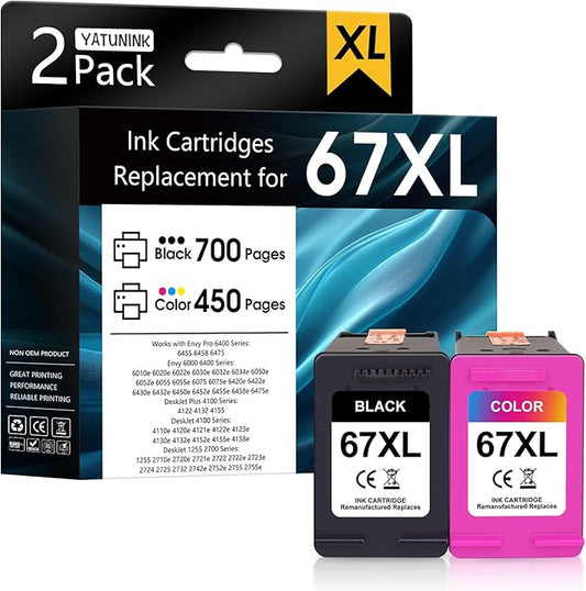 67XL 67 Ink Cartridges Black/Color Combo Pack Compatible for HP Ink 67 67XL Printer Ink Works with Envy 6455e 6400 6155e 6055e 6000 Deskjet 4255e 4155e 4100e 2755e 2700 (Black, Color) 2Pack