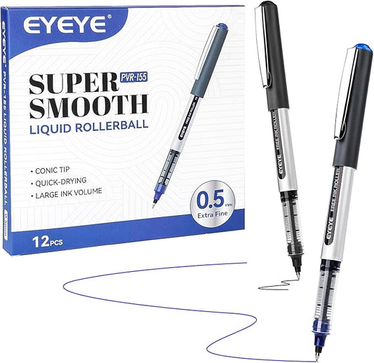 EYEYE Rollerball Pens 0.5mm, 6 Black 6 Blue Roller Ball Pen Extra Fine Point Quick Dry, Liquid Ink Pens Fine Point Smooth Writing Pen for Journaling, Note Taking, Office, School Supplies