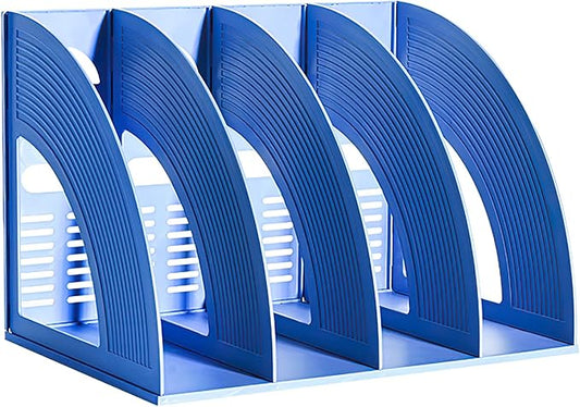 SAYEEC File Holder Storage Folder 4 Compartment Standing Desktop Hollow Organizer Blue Files Shelf Frame Thicken Plastic Paper Notebook Magazine Bookstore for Office School Supplier Students