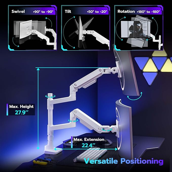 ARES WING Dual Monitor Arm Desk Mount for 17-49 Inch Ultrawide Monitors, Heavy Duty Dual Monitor Mount Holds 44 lbs, Full Motion Gas Spring Vertical Stacked Monitor Mount, 75/100 VESA Mount, White