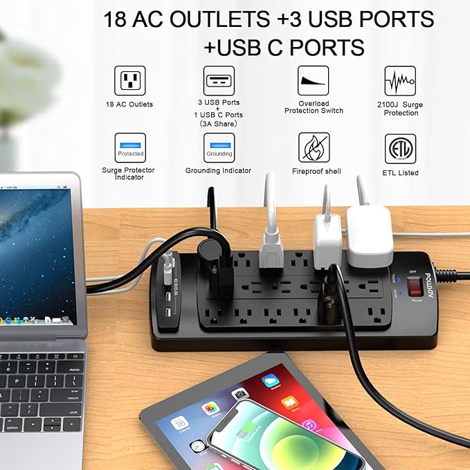 18 Outlets Surge Protector Power Strip - 10 Feet Flat Plug Heavy Duty Extension Cord with 18 Widely Outlets and 4 USB Ports, 2100 Joules, Black, ETL Listed
