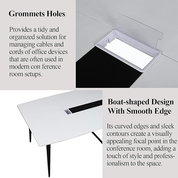 Loomie 8FT Conference Table, 94.49" L x 47.24" W x 29.53" H Meeting Seminar Table with Grommet, Large Boat Shaped Computer Desk, Boardroom Desk for Office Meeting Conference Room,White