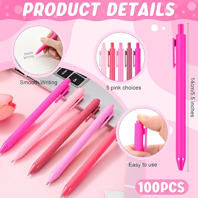 100 Pcs Ballpoint Pens Bulk Retractable Writing 1. 0 mm Black Ink Cute Pens Smooth Writing Color Fancy Gift for Teacher Student Employee Office School Home Baby Shower Supplies (Pink Series)