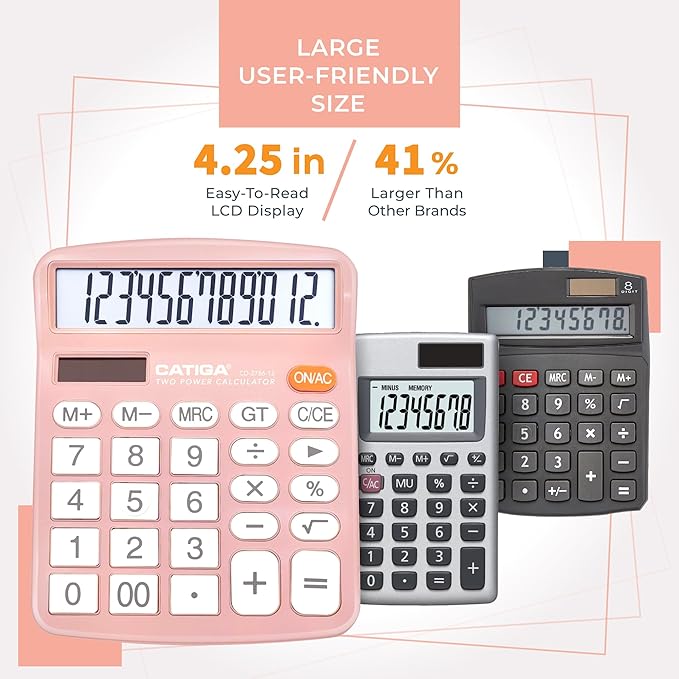 CATIGA 12 Digits Desktop Calculator with Large LCD Display and Sensitive Button, Dual Solar Power and Battery, Standard Function for Office, Home, School, CD-2786(Light Pink)