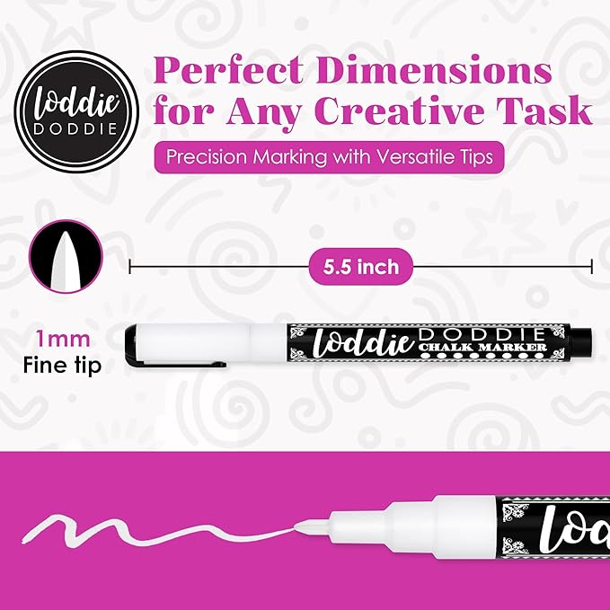 Loddie Doddie Fine Liquid Chalk Markers for Chalkboard - 5 Count Erasable Low-Odor White Chalkboard Markers with Fine Tip - White Chalk Pens - Erasable Pens