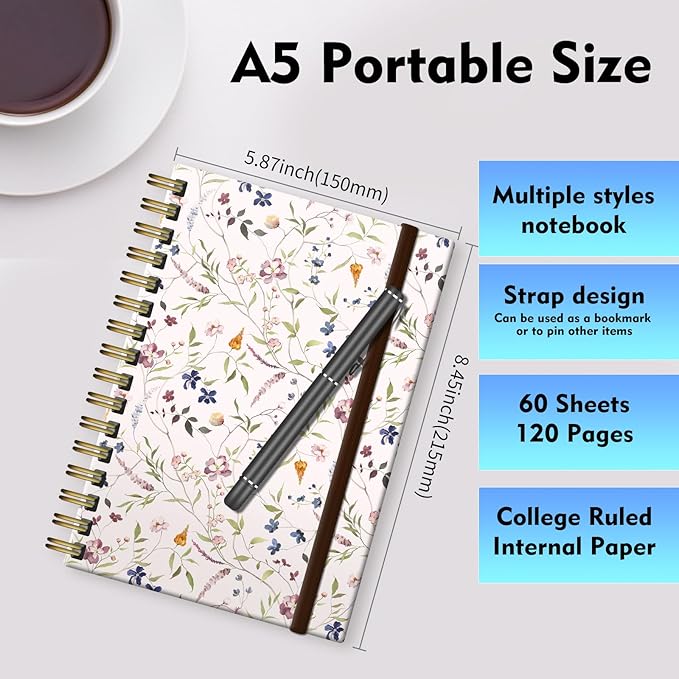 Spiral Journal Notebook, A5 Cute Notebooks for Women Men, College Ruled Hardcover Notebook for Work & Note Taking, 60 Pages Double-Wire Journals for Writing, Colorful Flower Branch