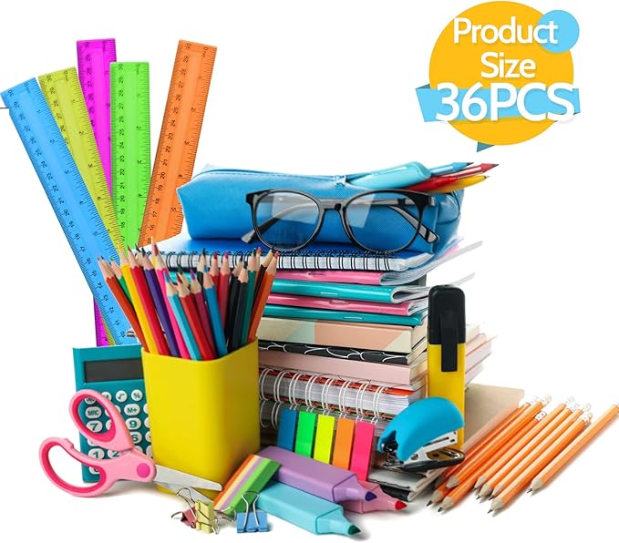 12PCS Clear Ruler, 12 Inch Plastic Rulers for School, Home, or Office, Clear Plastic Rulers, Assorted Colors.