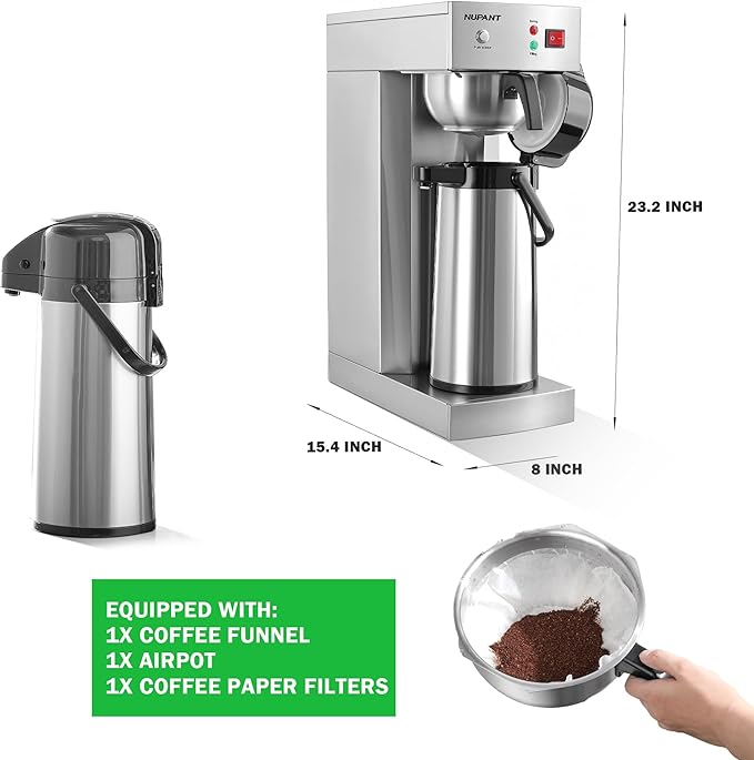 Auto-Filling Commercial Airpot Coffee Brewer 2.2L/74oz Dirp Coffee Maker Machine with 24 Hours Hot Thermal Carafe Stainless Steel Pour Over Coffee Dispenser 120V/1450W for Restaurant Office