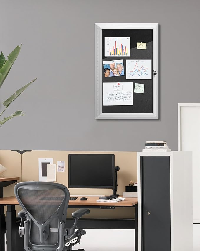 36"x24" Enclosed Bulletin Board, Outdoor Lockable Weather-Resistant Aluminum Cork Noticeboard for School & Office, Silver Frame w/Black Flet