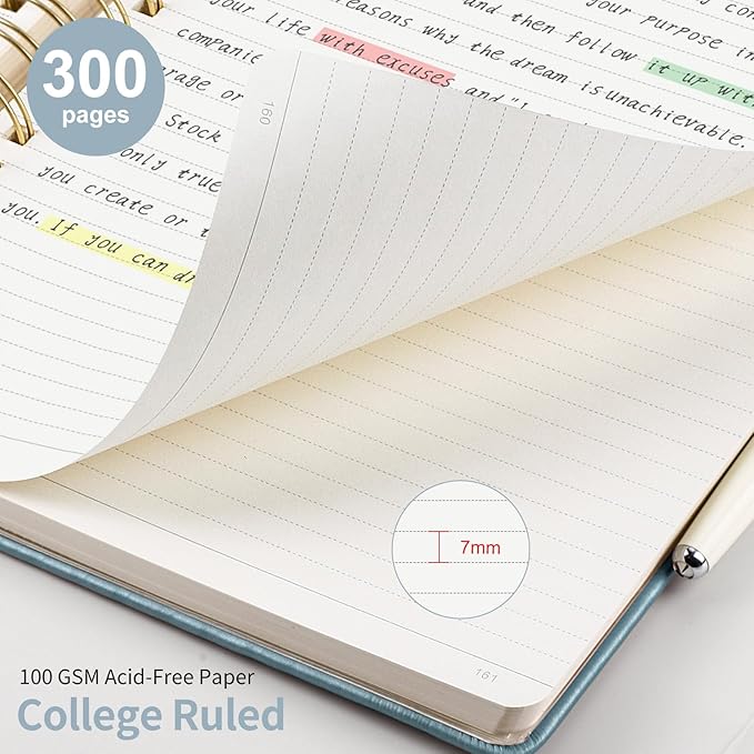 EMSHOI A4 Leather Hardcover Spiral Notebook College Ruled – 300 Numbered Pages, 100 GSM, Lined Journal for Women & Men Work, Journaling, Note-Taking, 8.27” x 11.2” Gray Blue