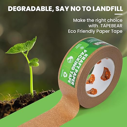 Eco-Friendly Kraft Paper Tape, Biodegradable Heavy Duty Packing Tape 2Inch x 55Yard, Recyclable Packaging Tape Self Adhesive Box Tape for Shipping, Sealing, Moving & Masking, 48Rolls