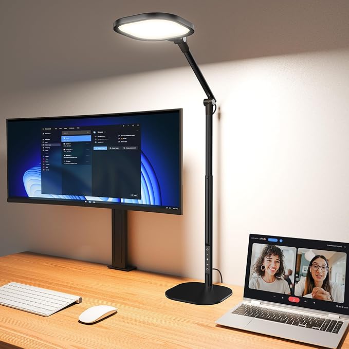 Led Desk Lamps for Home Office with Base, Tall Desk Lamp with 50 Light Modes & Memory and Timer Func Computer Light, Flexible Adjustable Table Lamps for Video Conference, Architect or Study(Black)