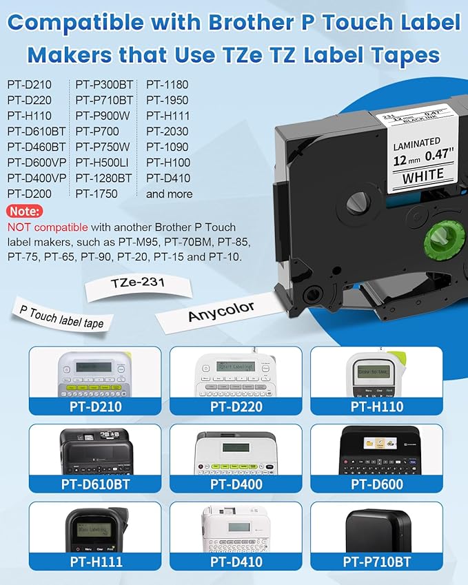 Anycolor Compatible with Brother P Touch Label Tape TZe TZ Tape 12mm 0.47 Laminated White Replace for TZe-231 Label Maker Tape Ptouch PT-D210 PT-D220 PT-H110 PT-D610BT PT-D600 PT-D410 PT-D400, 5pk
