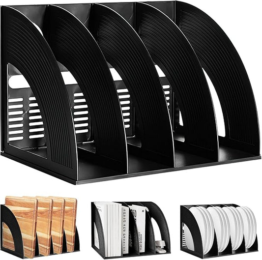SAYEEC File Holder Storage Folder 4 Compartment Standing Desktop Hollow Organizer Black Files Shelf Frame Thicken Plastic Paper Notebook Magazine Bookstore for Office School Supplier Students