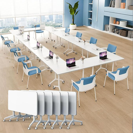 6Pack Folding Conference Room Table, Modern Conference Tables with Silent Wheels, Large Rectangular Mobile Training Tables for Office Classroom, Foldable Modular Seminar Table White (L47.2in)