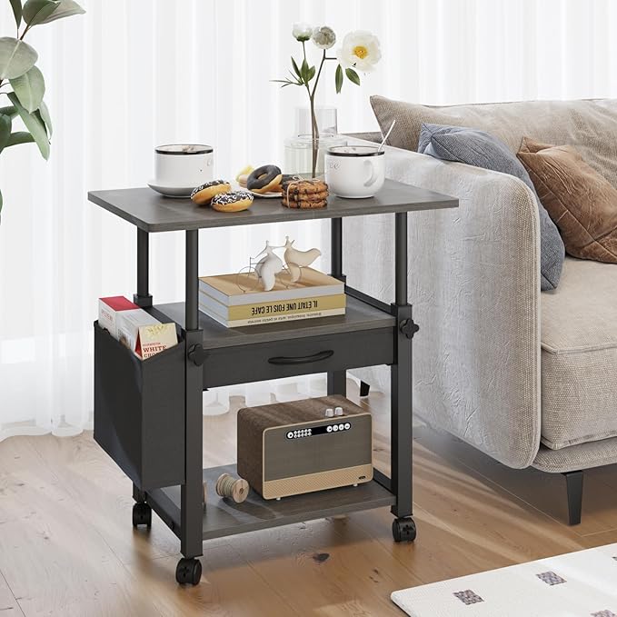 22"x15" Large Printer Stand with Drawer and-side Bag, Adjustable 3-Tier Printer Cart for Home Office, Rolling Printer Stand Fit Heat Press/Laser/3D Printer (Grey)