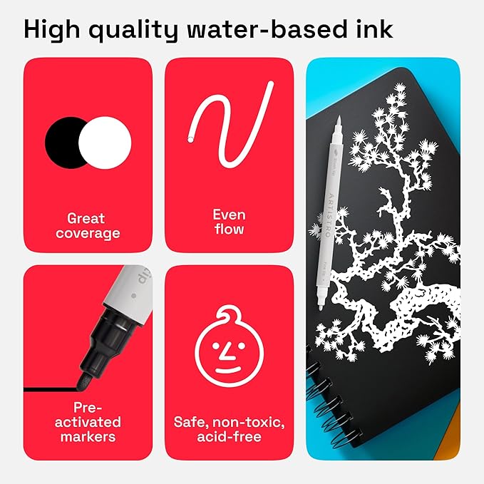ARTISTRO 2 White Dual-Tip Acrylic Paint Pens - Multisurface Markers for Fabric, Plastic, & More, 5mm Dot + 1mm Fine Tips (Dual Tip Brush + Fine, Black&White)